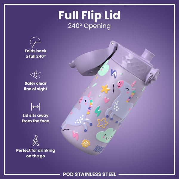 Leak Proof Kids Water Bottle, Stainless Steel, Purple Unicorns, 400ml (13oz)