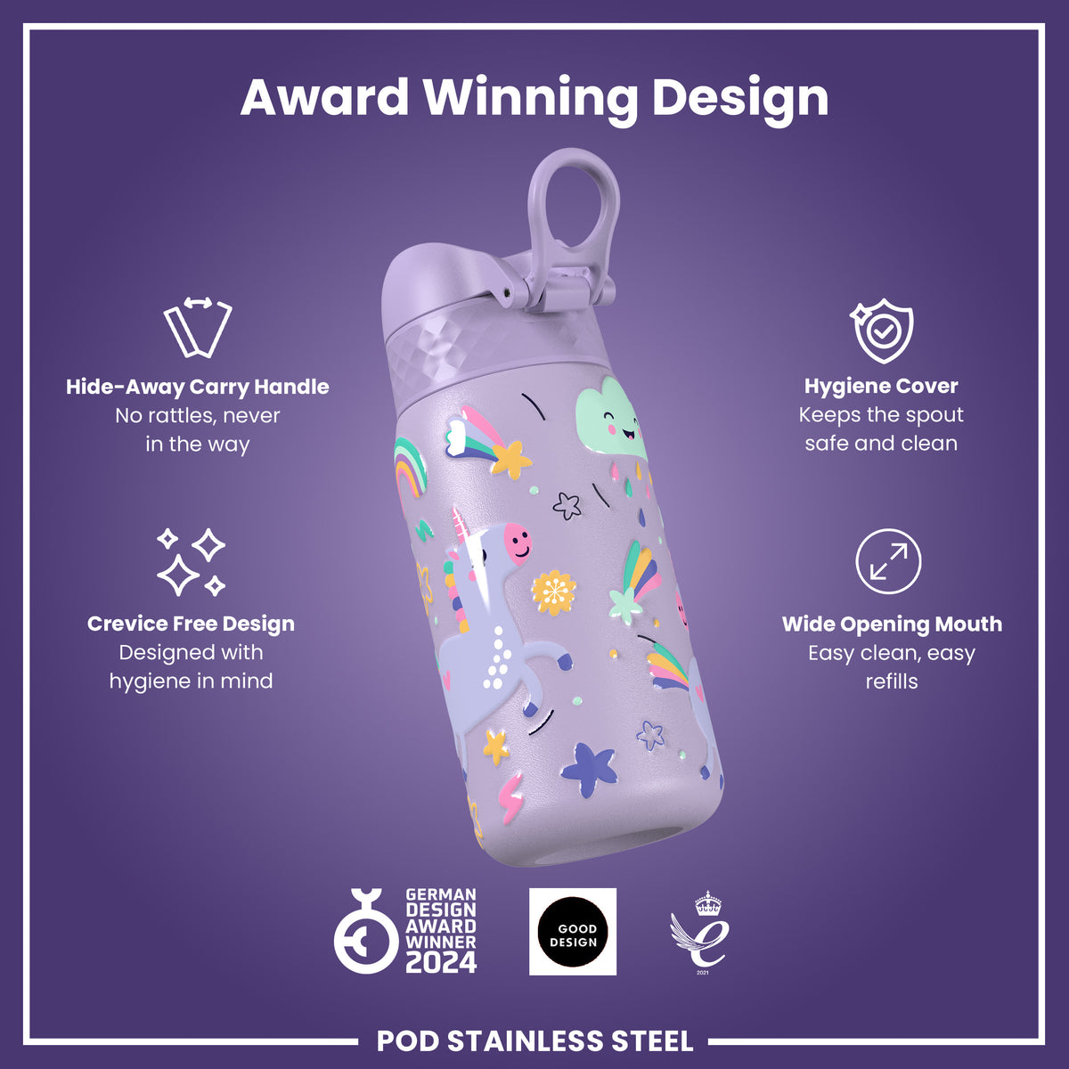 Leak Proof Kids Water Bottle, Stainless Steel, Purple Unicorns, 400ml (13oz)