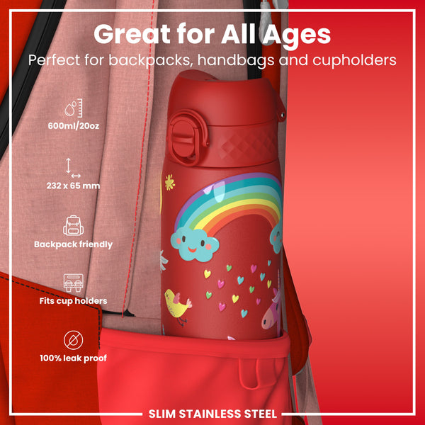 Leak Proof Slim Water Bottle, Stainless Steel, Red Unicorns, 600ml (20oz)