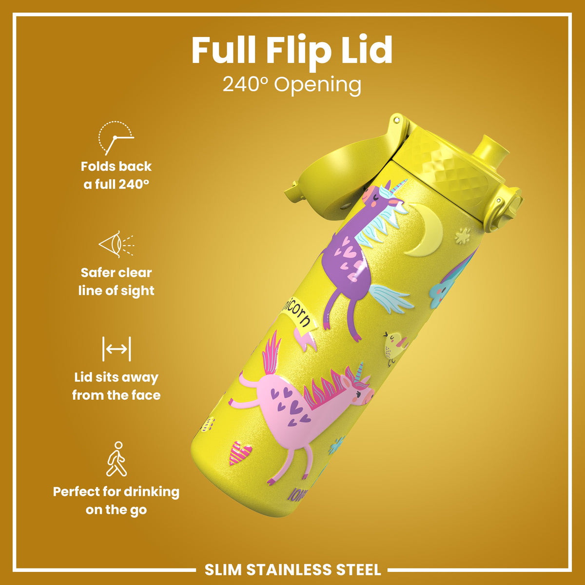 Leak Proof Slim Water Bottle, Stainless Steel, Yellow Unicorns, 600ml (20oz)