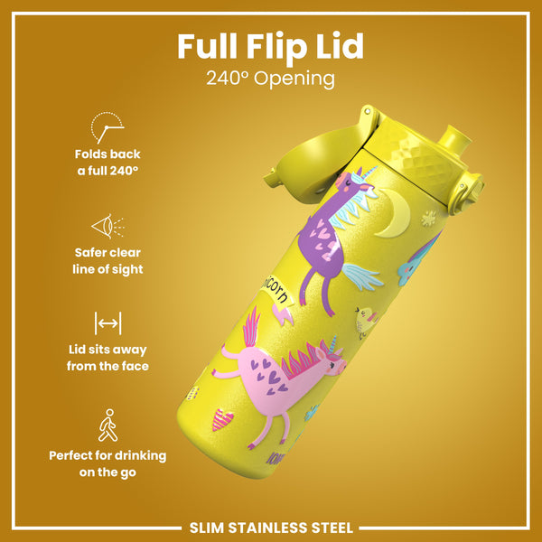 Leak Proof Slim Water Bottle, Stainless Steel, Yellow Unicorns, 600ml (20oz)