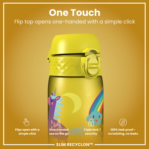 Leak Proof Slim Water Bottle, Recyclon, Yellow Unicorns, 500ml (18oz)