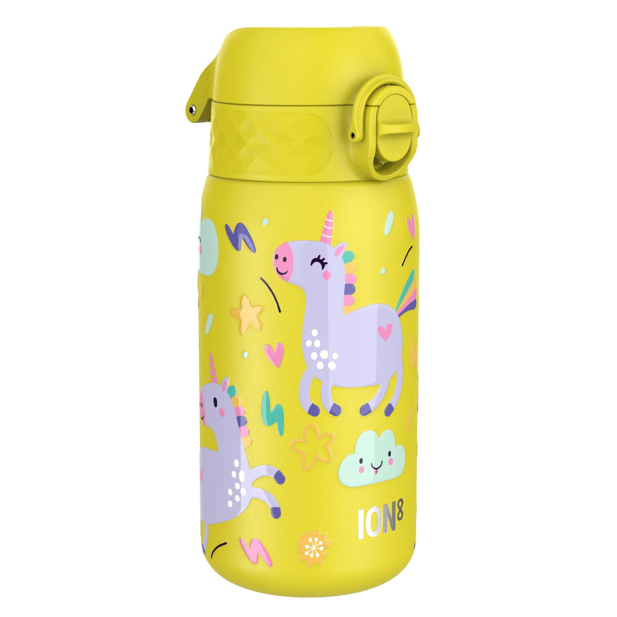Botella de agua infantil antifugas, acero inoxidable, unicornios amarillos, 400 ml (13 oz)