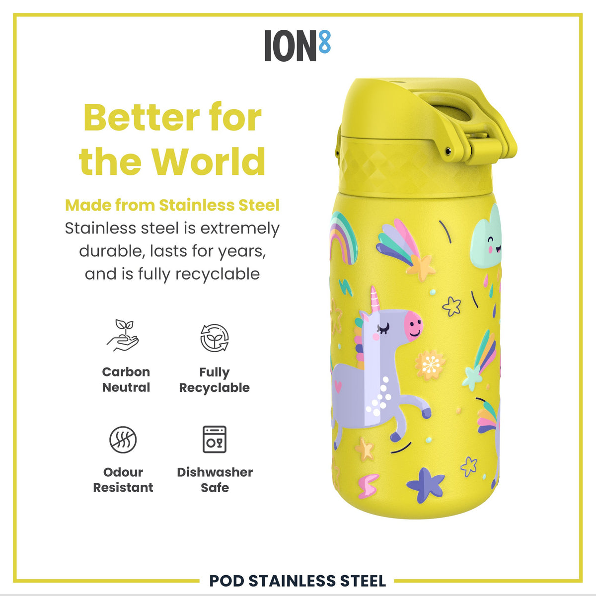 Botella de agua infantil antifugas, acero inoxidable, unicornios amarillos, 400 ml (13 oz)