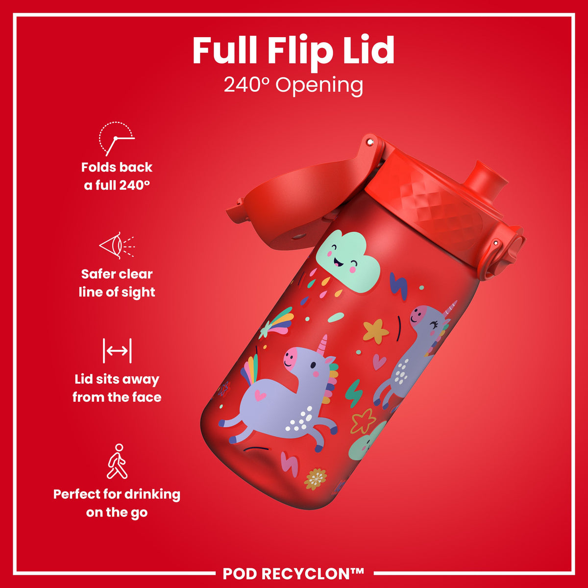 Leak Proof Kids Water Bottle, Recyclon, Red Unicorns, 350ml (12oz)