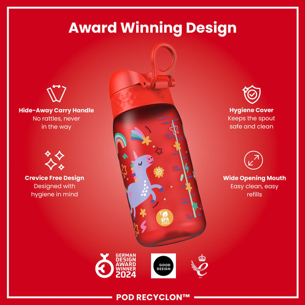 Leak Proof Kids Water Bottle, Recyclon, Red Unicorns, 350ml (12oz)