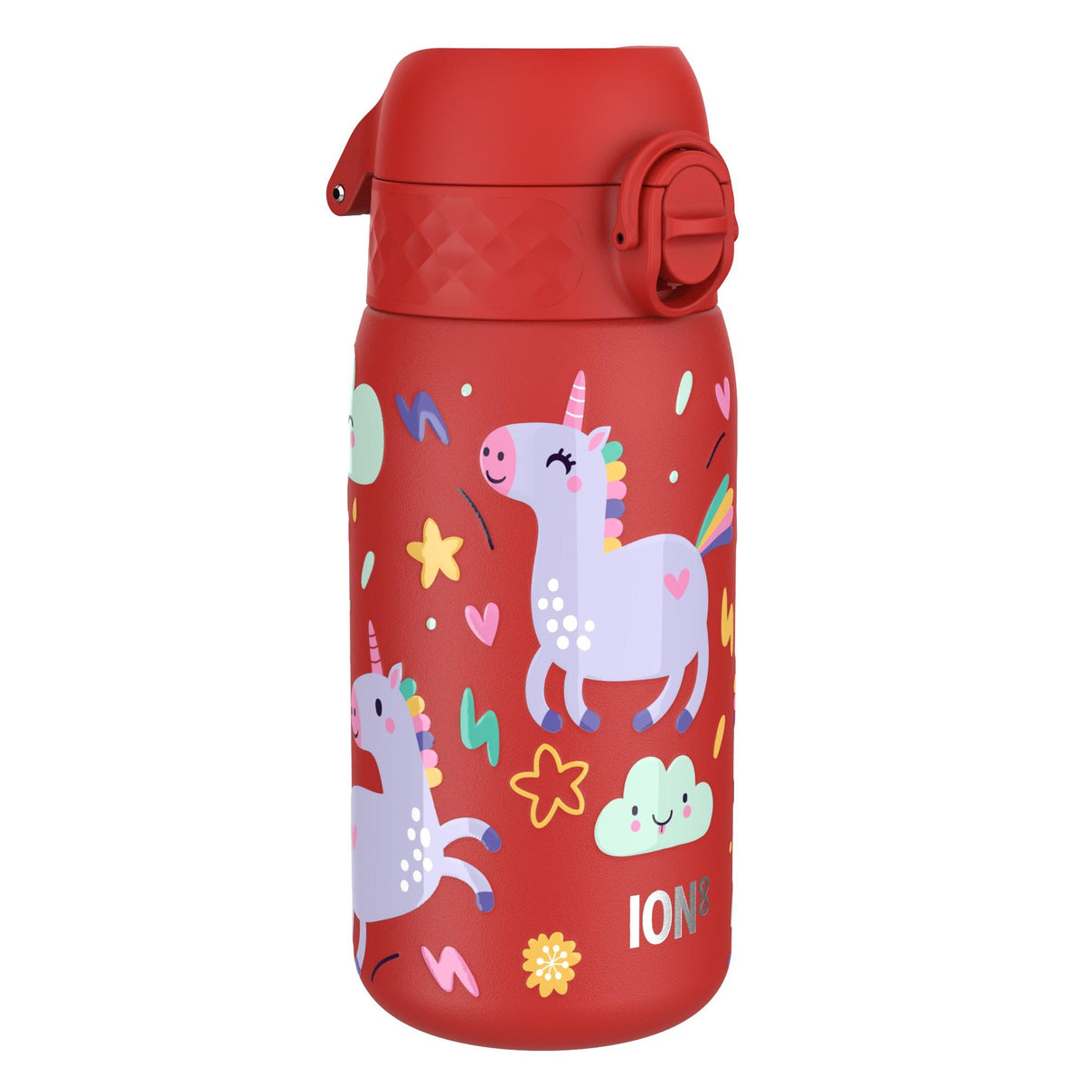 Botella de agua infantil antifugas, acero inoxidable, unicornios rojos, 400ml (13oz)