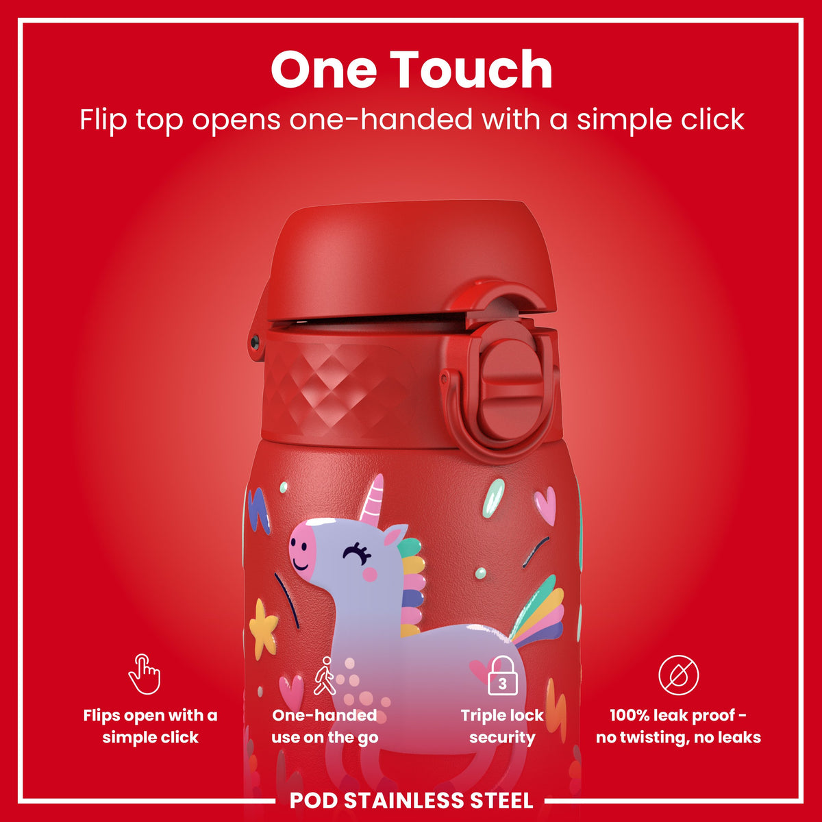 Botella de agua infantil antifugas, acero inoxidable, unicornios rojos, 400ml (13oz)