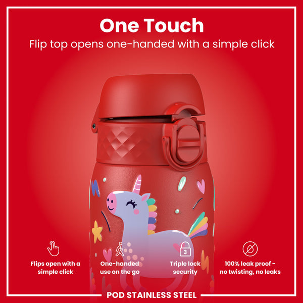Botella de agua infantil antifugas, acero inoxidable, unicornios rojos, 400ml (13oz)