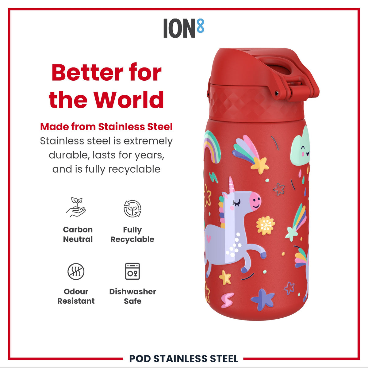 Botella de agua infantil antifugas, acero inoxidable, unicornios rojos, 400ml (13oz)