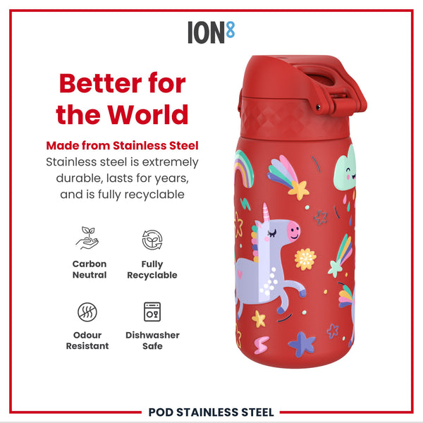 Botella de agua infantil antifugas, acero inoxidable, unicornios rojos, 400ml (13oz)