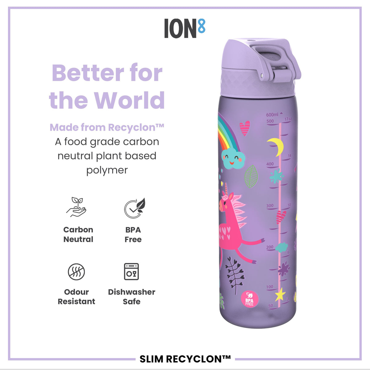 Leak Proof Slim Water Bottle, Recyclon, Purple Unicorns, 500ml (18oz)