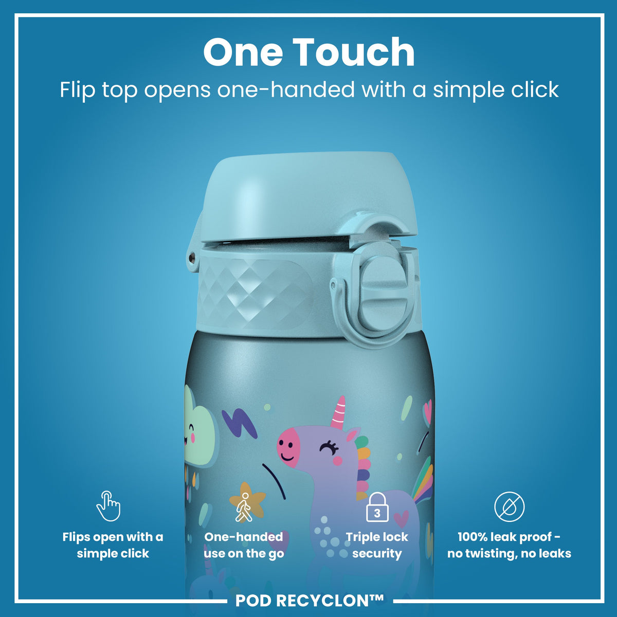 Botella de agua antifugas para niños, Recyclon, unicornios azules, 350 ml (12 oz)