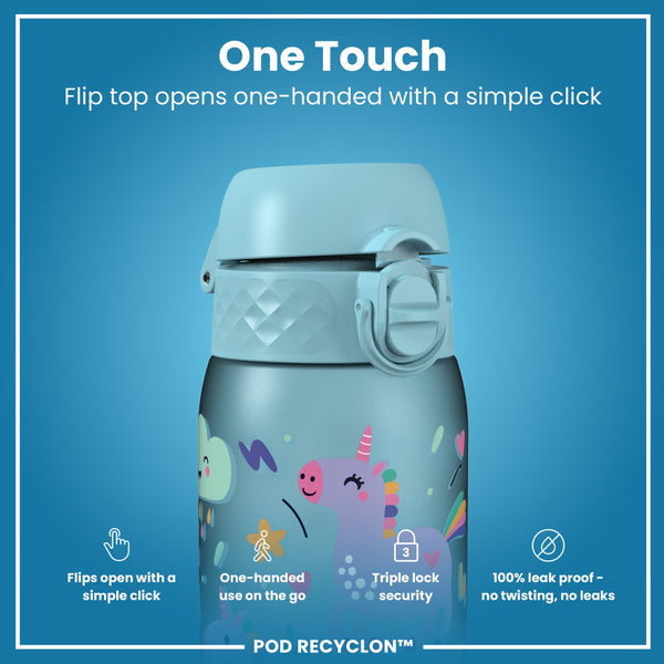 Botella de agua antifugas para niños, Recyclon, unicornios azules, 350 ml (12 oz)