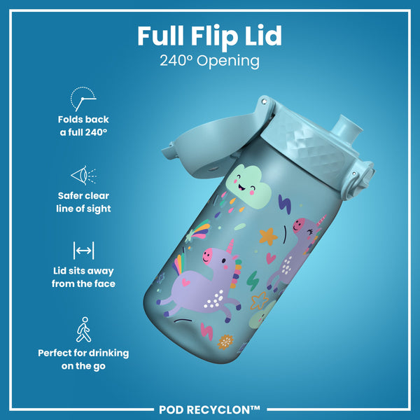 Botella de agua antifugas para niños, Recyclon, unicornios azules, 350 ml (12 oz)