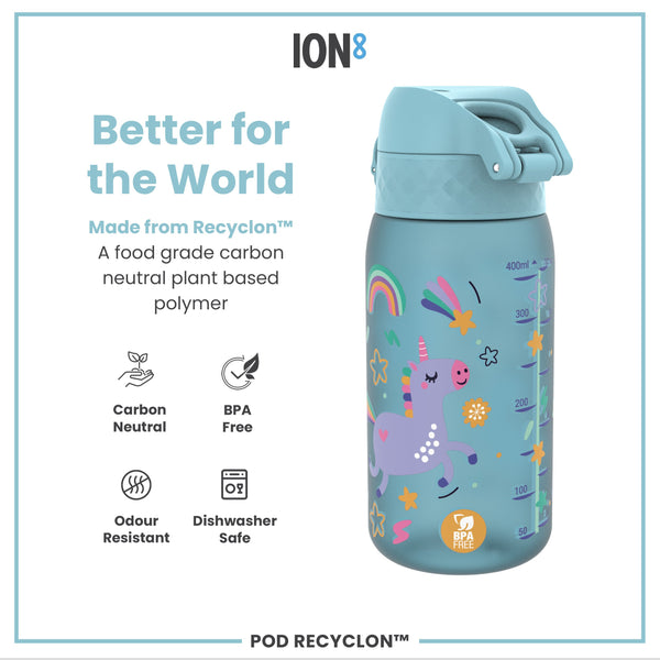 Botella de agua antifugas para niños, Recyclon, unicornios azules, 350 ml (12 oz)