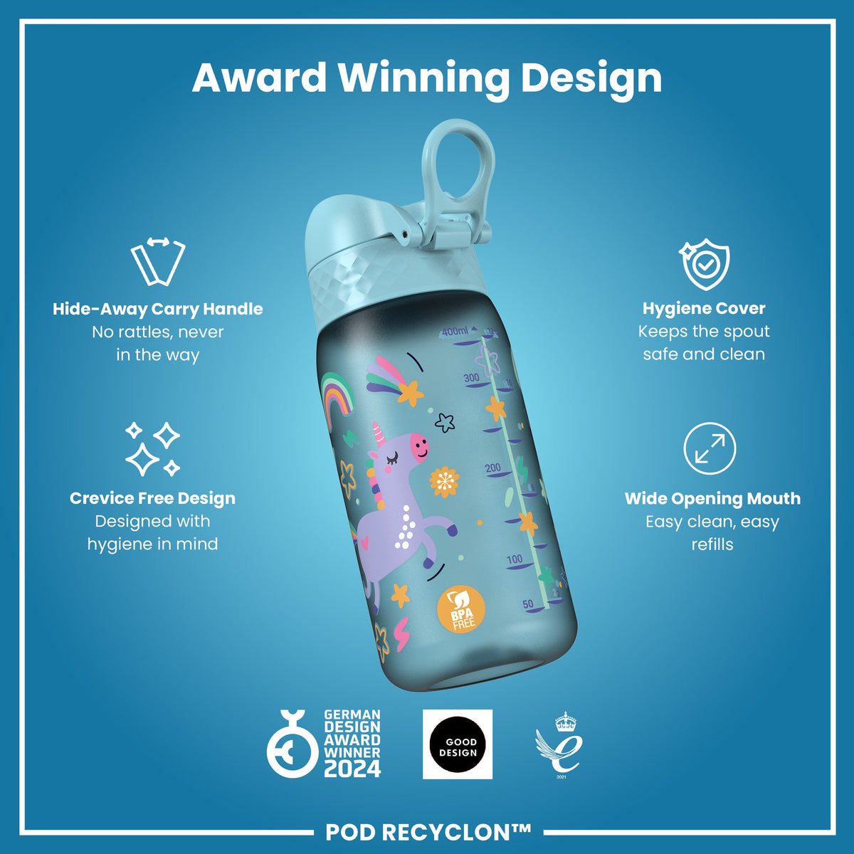 Botella de agua antifugas para niños, Recyclon, unicornios azules, 350 ml (12 oz)