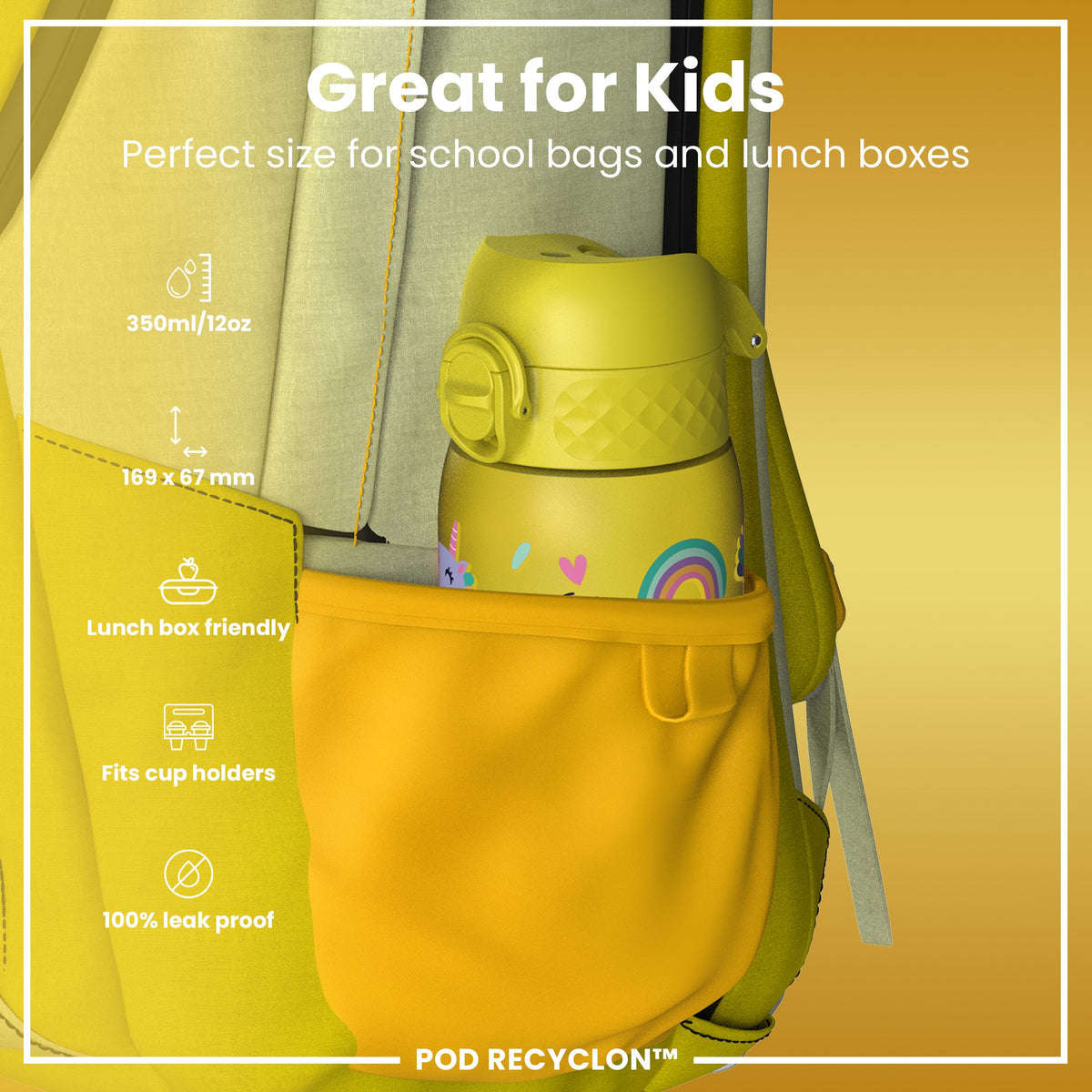 Leak Proof Kids Water Bottle, Recyclon, Yellow Unicorns, 350ml (12oz)