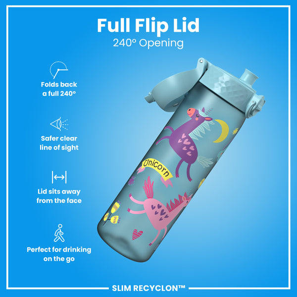 Leak Proof Slim Water Bottle, Recyclon, Blue Unicorns, 500ml (18oz)