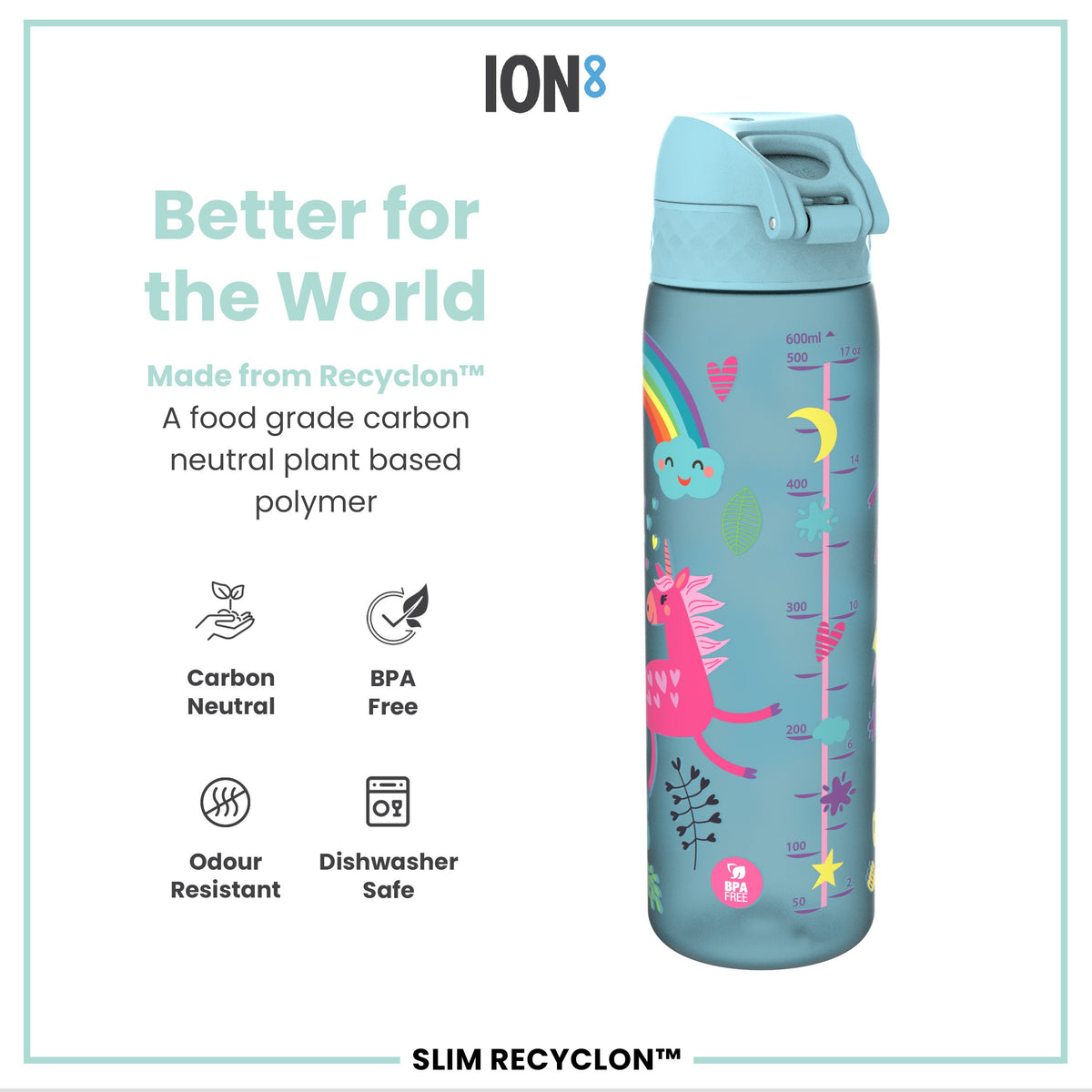 Leak Proof Slim Water Bottle, Recyclon, Blue Unicorns, 500ml (18oz)