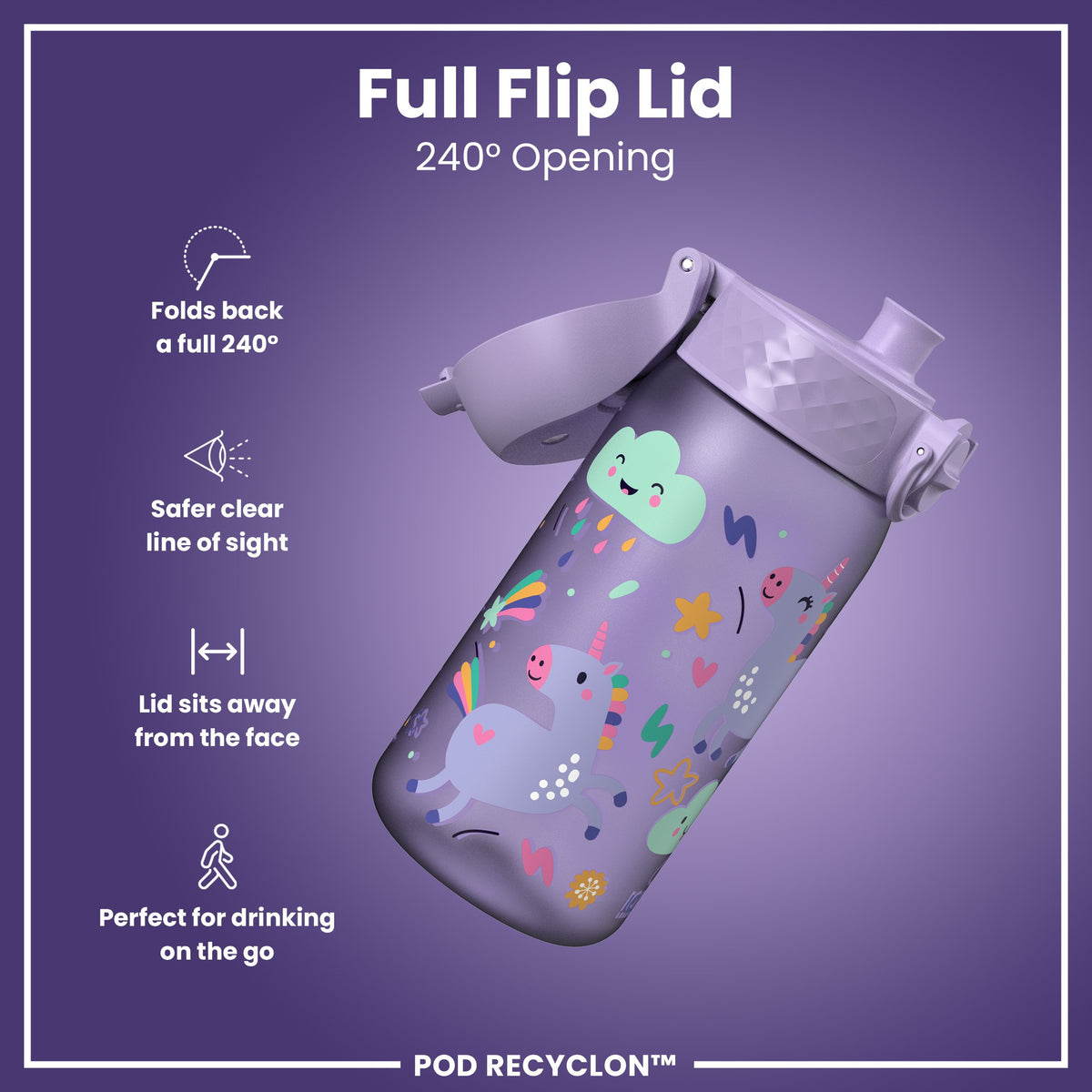 Botella infantil antifugas, Recyclon, Unicornios morados, 350ml