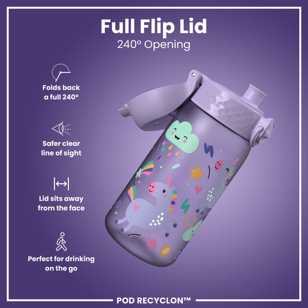 Botella infantil antifugas, Recyclon, Unicornios morados, 350ml