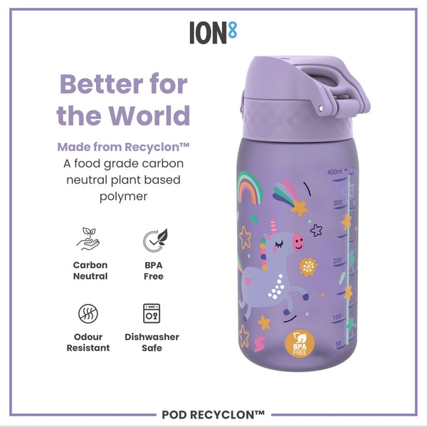 Botella infantil antifugas, Recyclon, Unicornios morados, 350ml