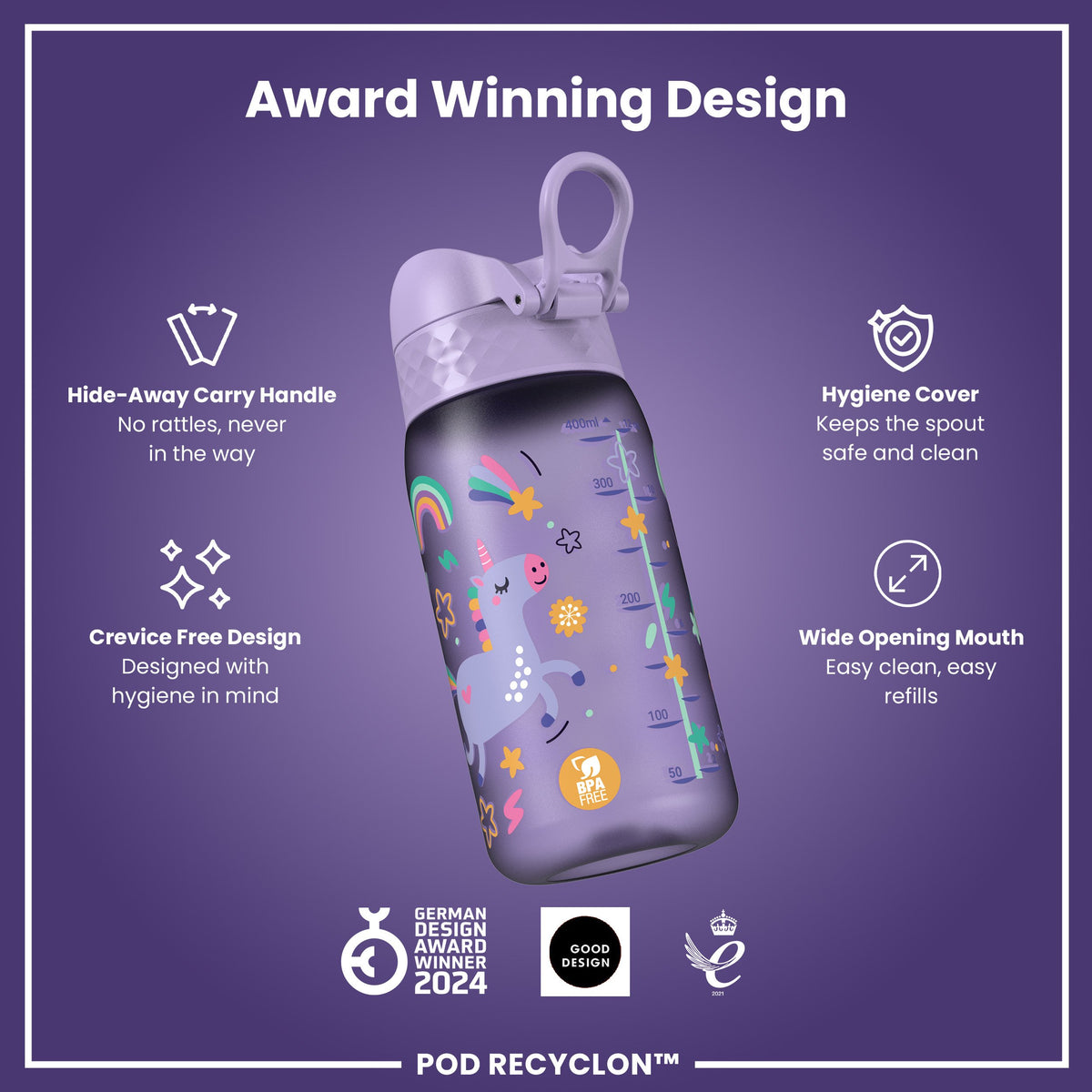 Botella infantil antifugas, Recyclon, Unicornios morados, 350ml