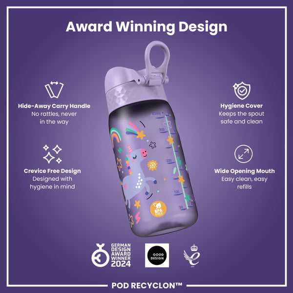 Botella infantil antifugas, Recyclon, Unicornios morados, 350ml