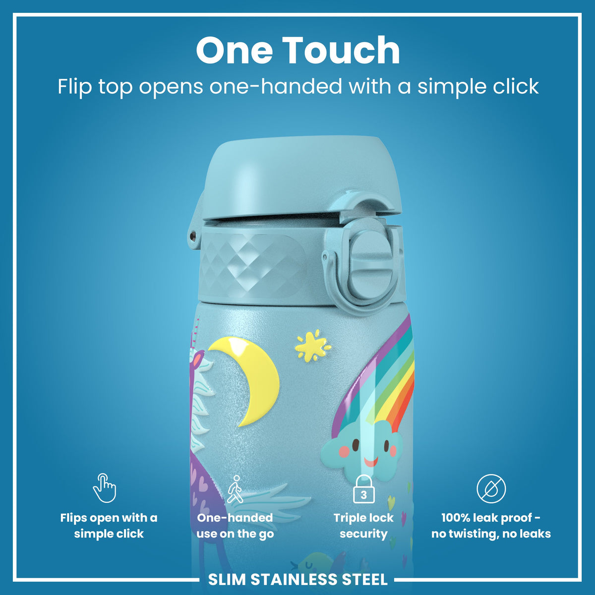 Leak Proof Slim Water Bottle, Stainless Steel, Blue Unicorns, 600ml (20oz)