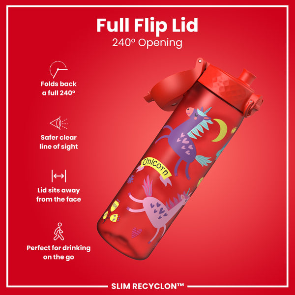 Leak Proof Slim Water Bottle, Recyclon, Red Unicorns, 500ml (18oz)