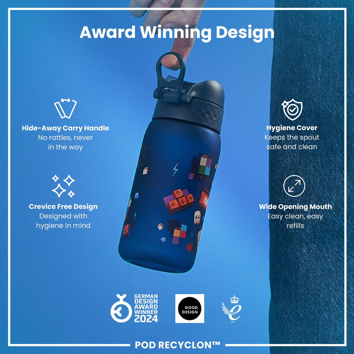 Botella de agua antifugas para niños, Recyclon, Gamer, 350ml (12oz)