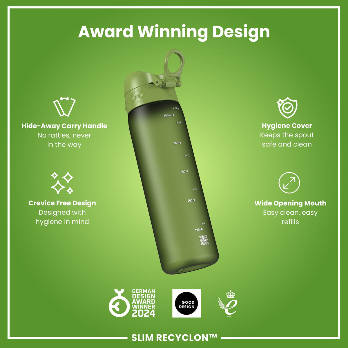 Leak Proof Slim Water Bottle, Recyclon, Khaki Green, 500ml (18oz)