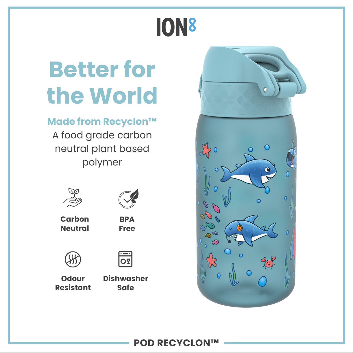 A light-blue water bottle, featuring cartoon sharks and other sea creatures, sits against a white background. The bottle displays the word "ION8".