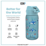A light-blue water bottle, featuring cartoon sharks and other sea creatures, sits against a white background. The bottle displays the word 