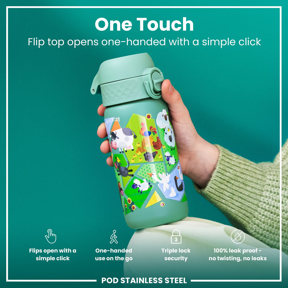 Leak Proof Kids Water Bottle, Stainless Steel, Farming Animals, 400ml (13oz)