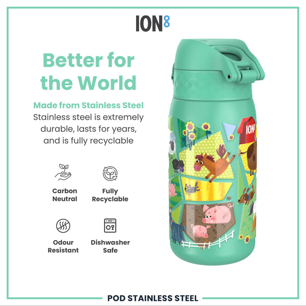 Leak Proof Kids Water Bottle, Stainless Steel, Farming Animals, 400ml (13oz)
