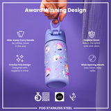 A stainless steel water bottle, decorated with fairies, is held by a hand against a purple background. The bottle features a hide-away handle, a wide mouth, and a hygiene cover. It’s an award-winning design.