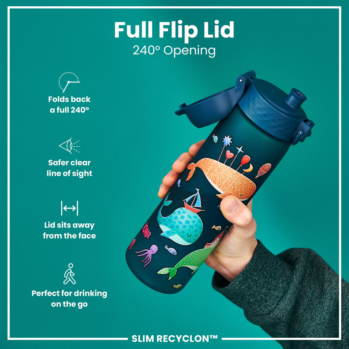 Botella de agua estrecha antifugas, Recyclon, ballenas, 500ml (18oz)