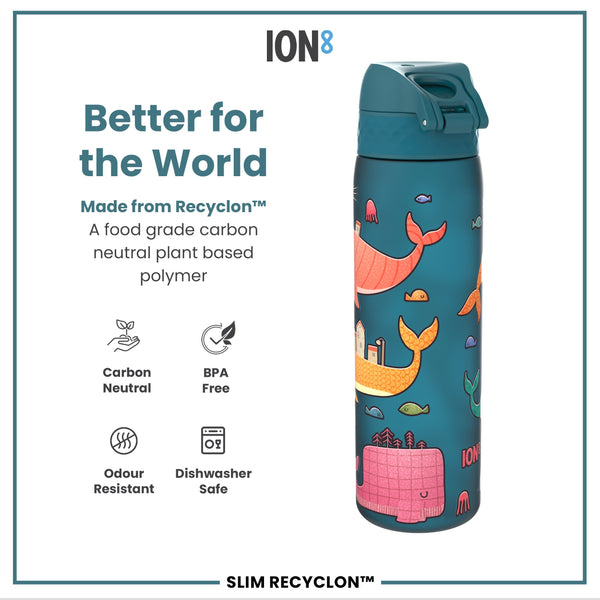 Botella de agua estrecha antifugas, Recyclon, ballenas, 500ml (18oz)