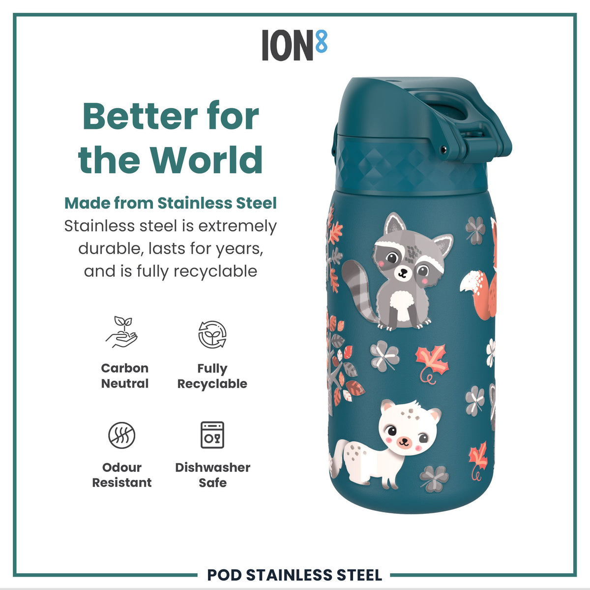 Botella antifugas para niños, acero inoxidable, Animales del Bosque, 400ml (13oz)