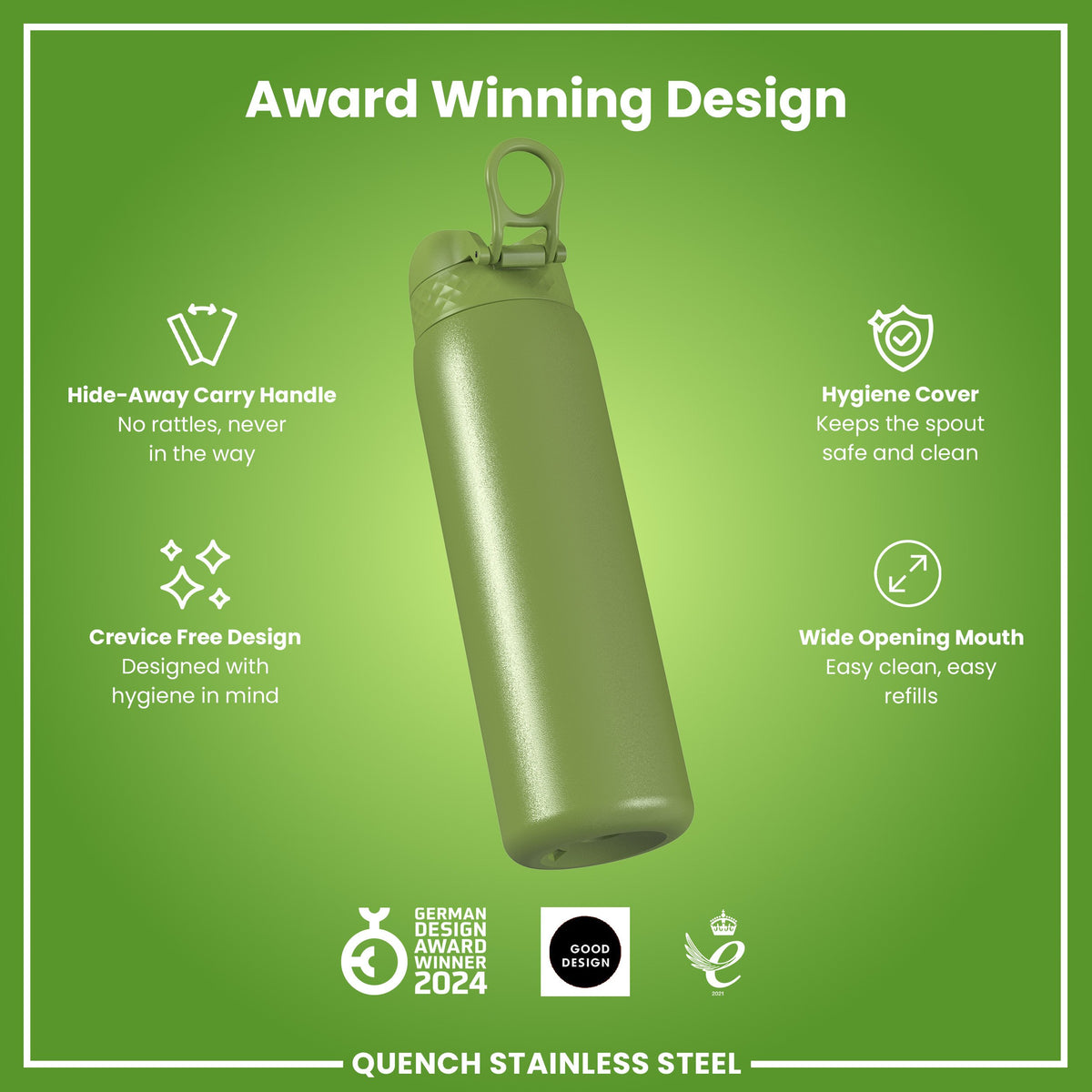 Botella de agua antifugas, 1 litro, acero inoxidable, verde caqui, 1L