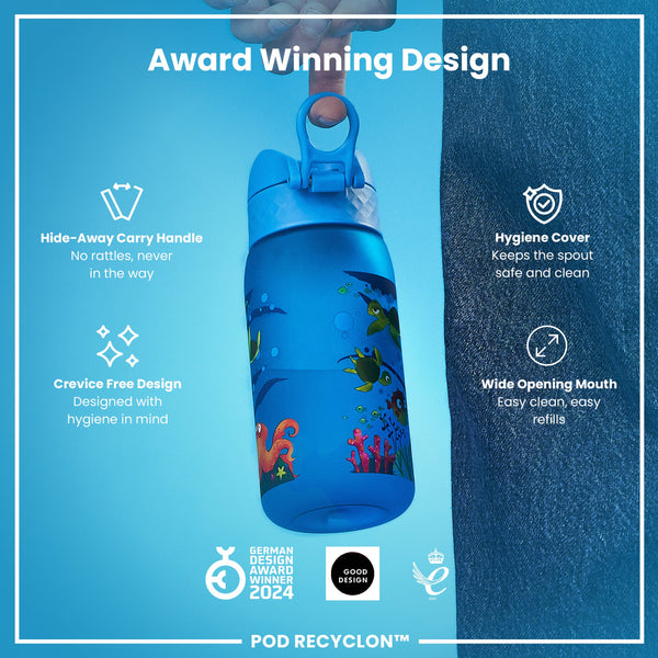 Botella de agua antifugas para niños, Recyclon, tortuga marina, 350 ml (12 oz)