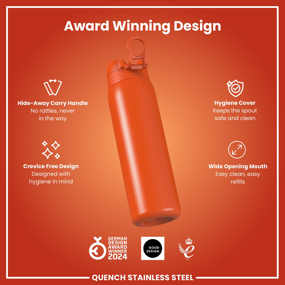 Botella de agua antifugas de 1 litro, acero inoxidable, naranja enérgica, 1L