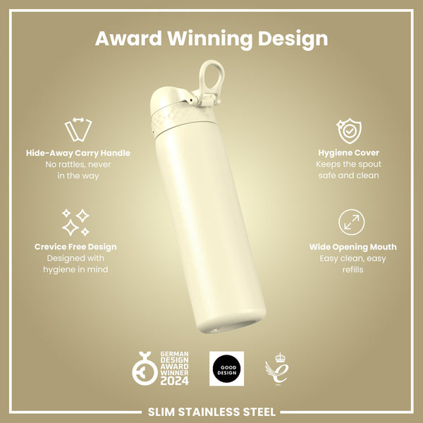 Botella de Agua Estrecha antifugas, Acero Inoxidable, Blanco Crema, 600ml (20oz)