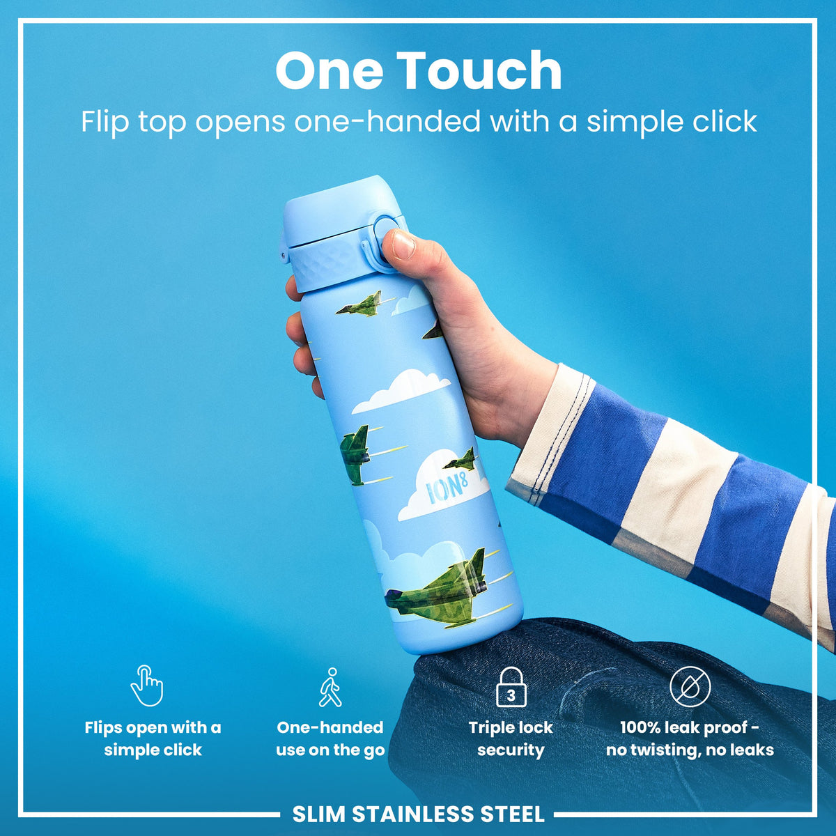 Botella de Agua Estrecha Antifugas, Acero Inoxidable, Aviones de Combate, 600ml (20oz)