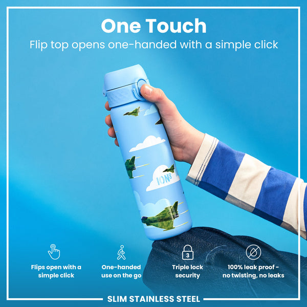 Botella de Agua Estrecha Antifugas, Acero Inoxidable, Aviones de Combate, 600ml (20oz)