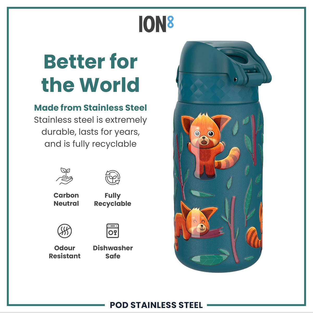 Botella de agua infantil antifugas, acero inoxidable, diseño de pandas rojos, 400ml (13oz)