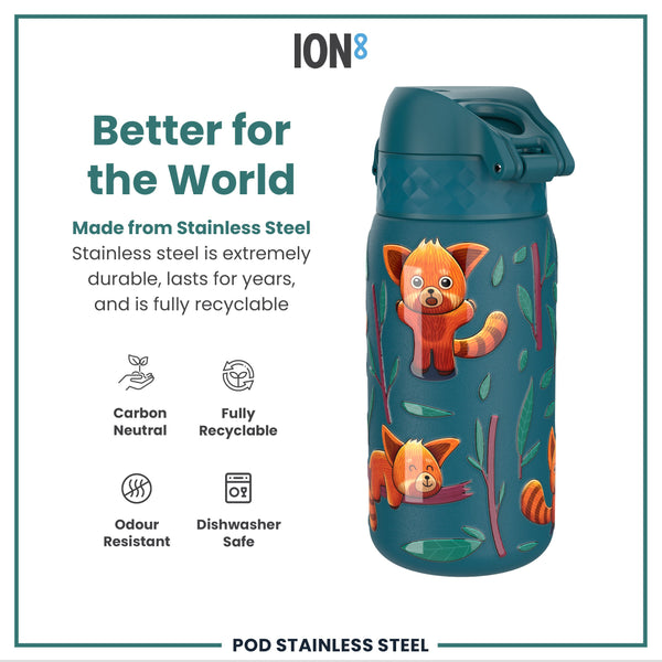 Botella de agua infantil antifugas, acero inoxidable, diseño de pandas rojos, 400ml (13oz)