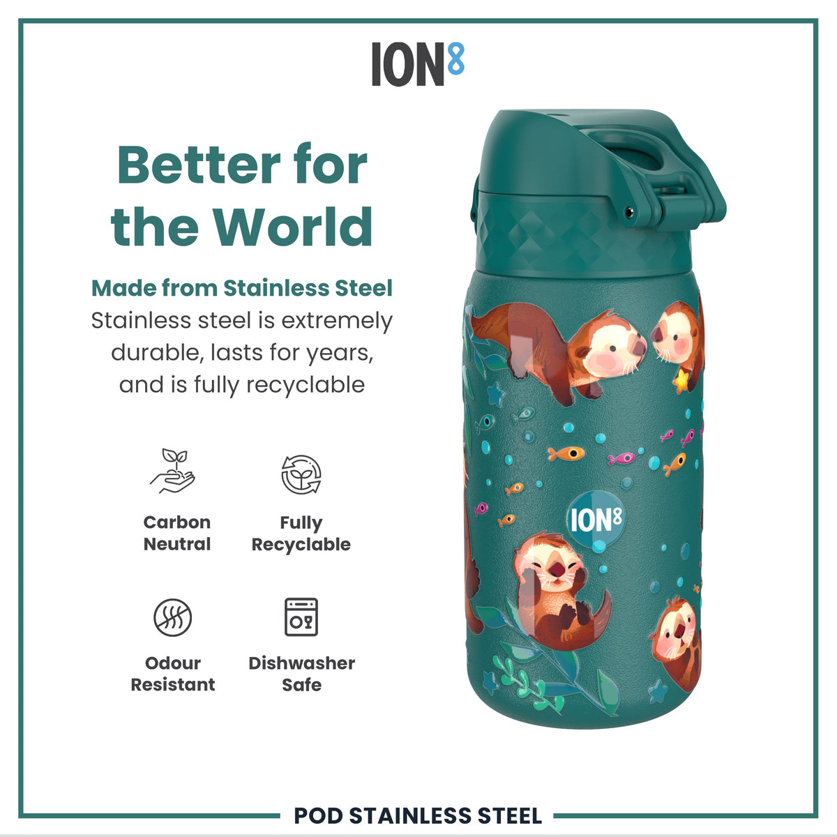 Botella de agua infantil antifugas, acero inoxidable, nutrias, 400ml (13oz)